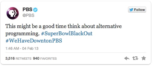 Image of PBS' tweet proving PBS was a nonprofit that didn't sleep through the Great Super Bowl Blackout